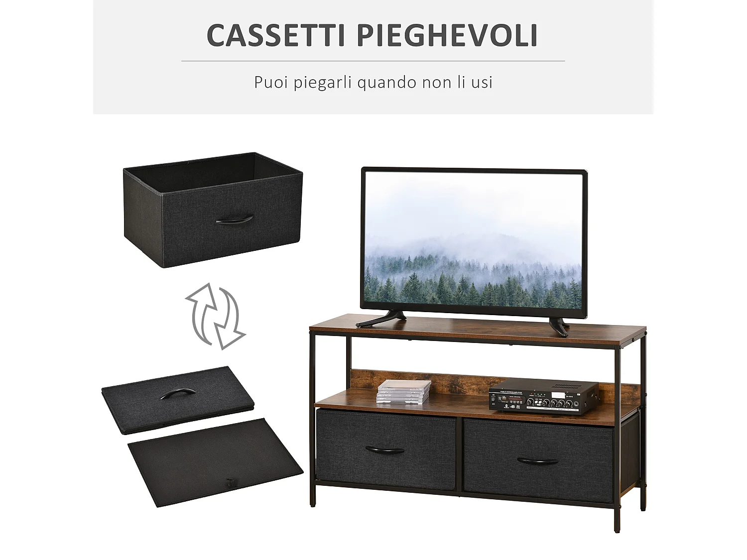Mobile tv stile industriale con 2 cassetti e mensola 98x29x56cm