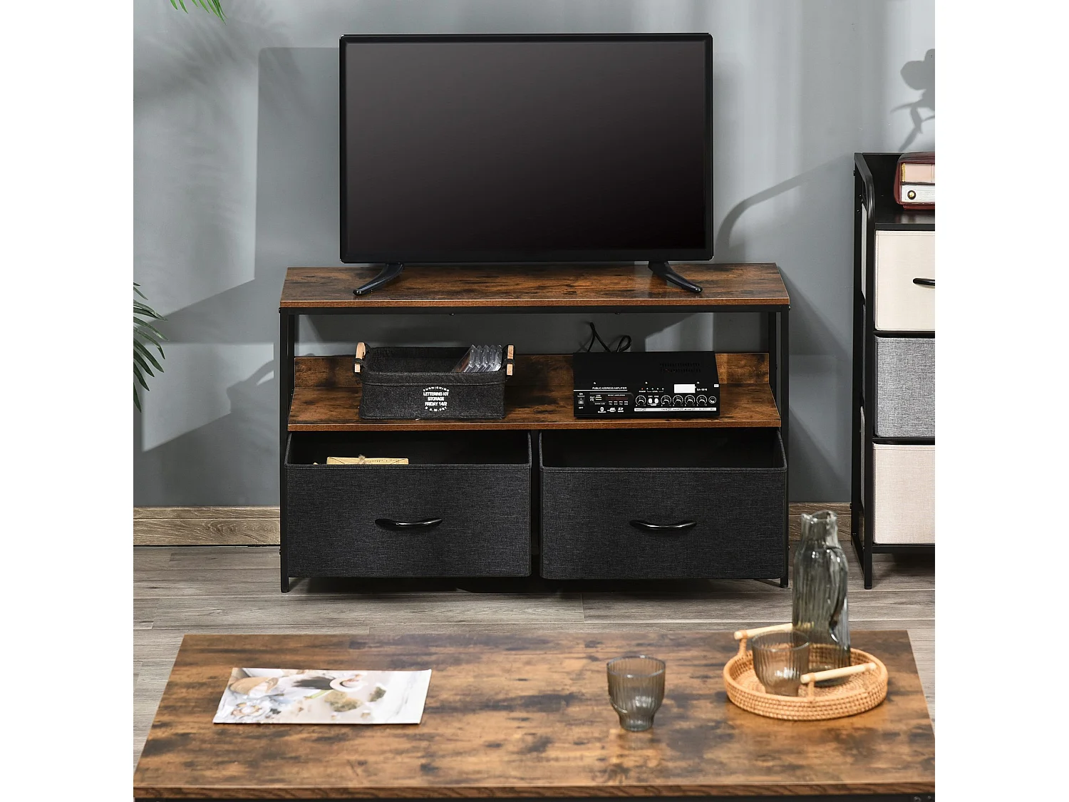 Mobile tv stile industriale con 2 cassetti e mensola 98x29x56cm