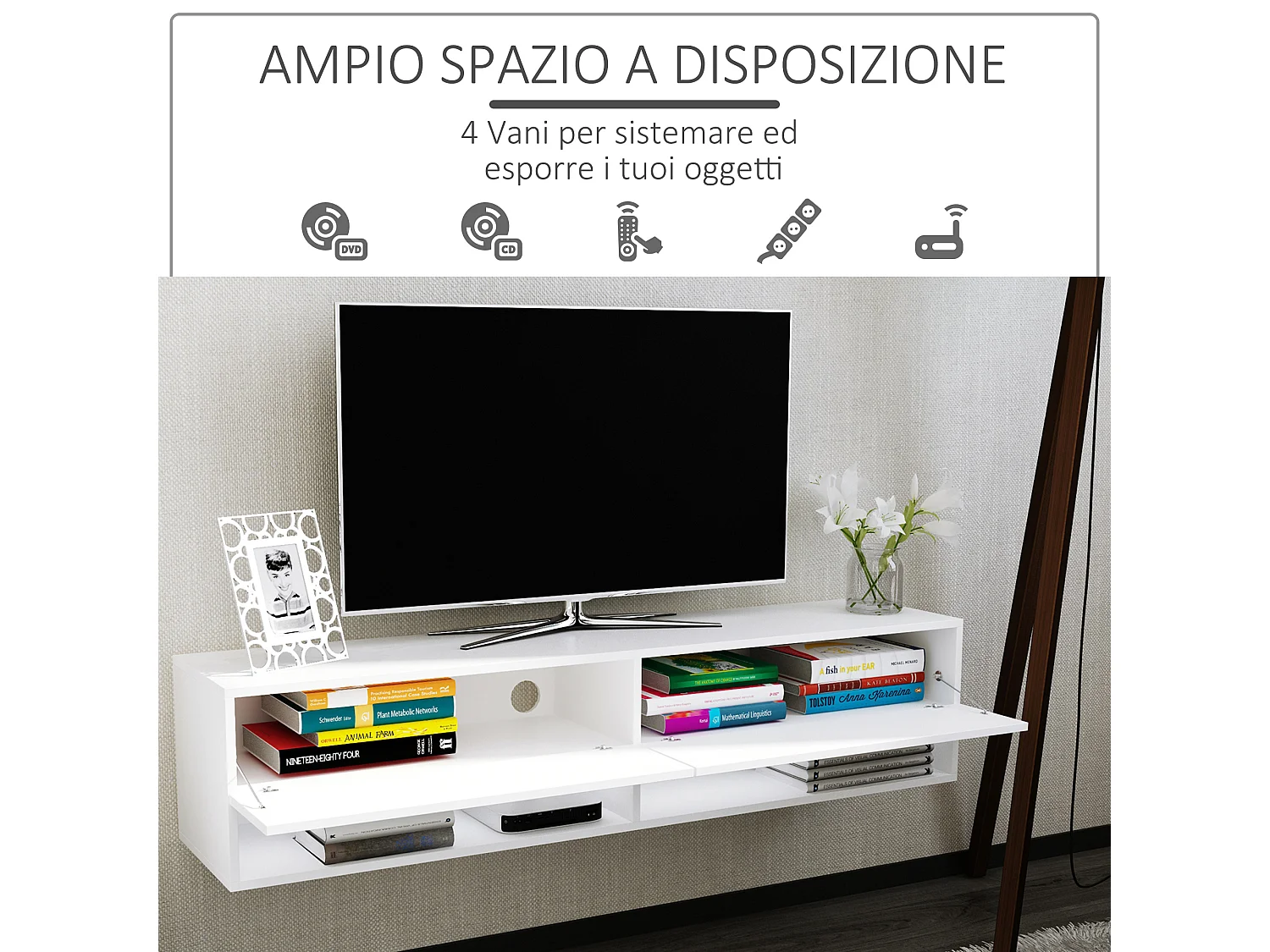 Mobile porta tv sospeso con 4 vani a ribalta legno grigio