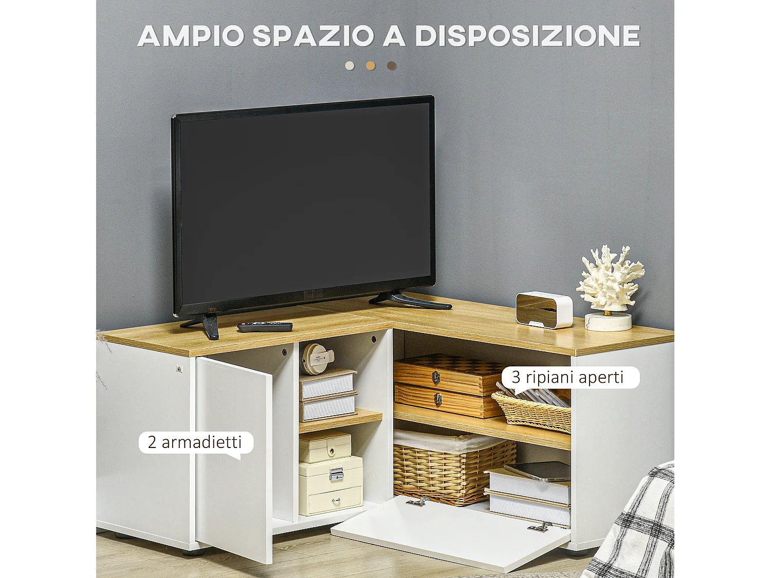 Mobile tv a l con 3 ripiani e 2 armadietti in truciolato