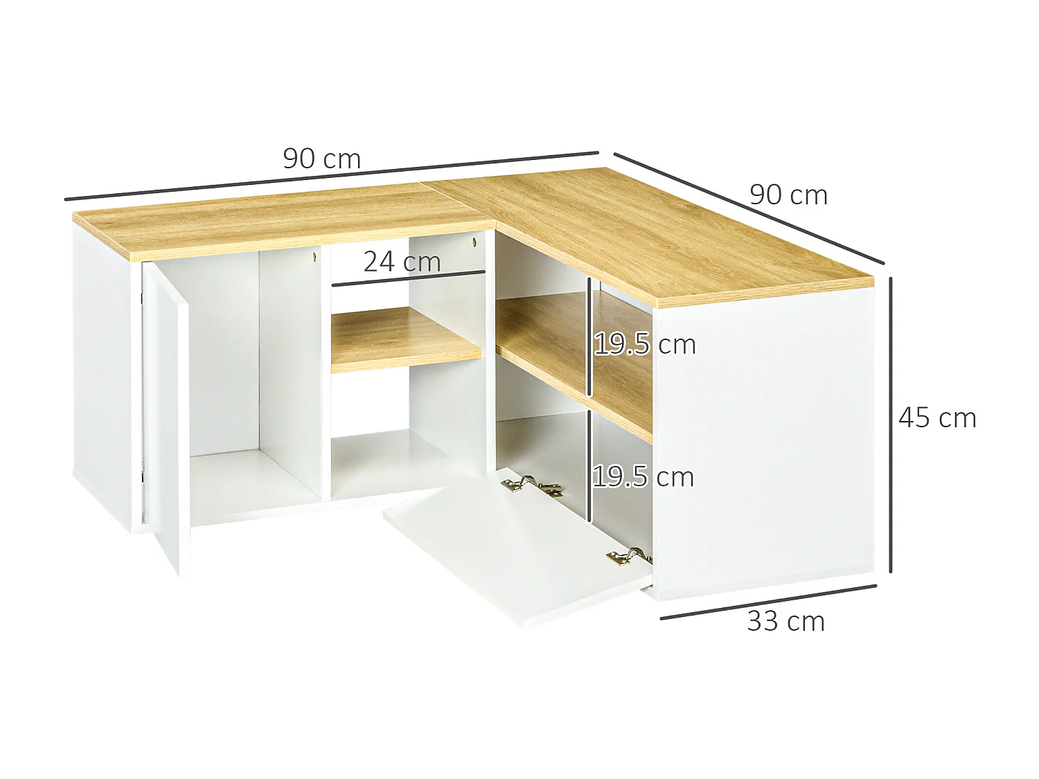 Mobile tv a l con 3 ripiani e 2 armadietti in truciolato
