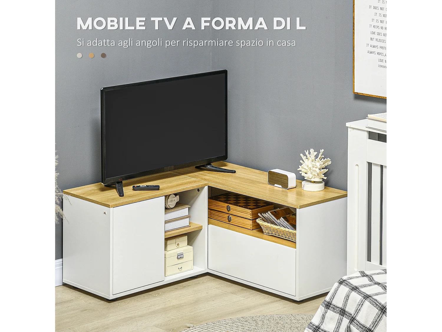 Mobile tv a l con 3 ripiani e 2 armadietti in truciolato