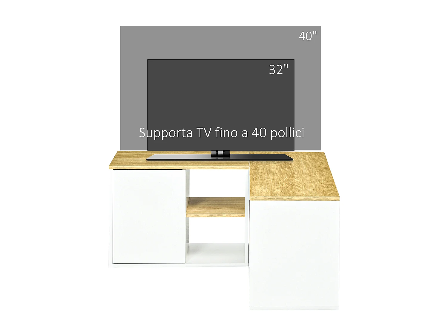 Mobile tv a l con 3 ripiani e 2 armadietti in truciolato