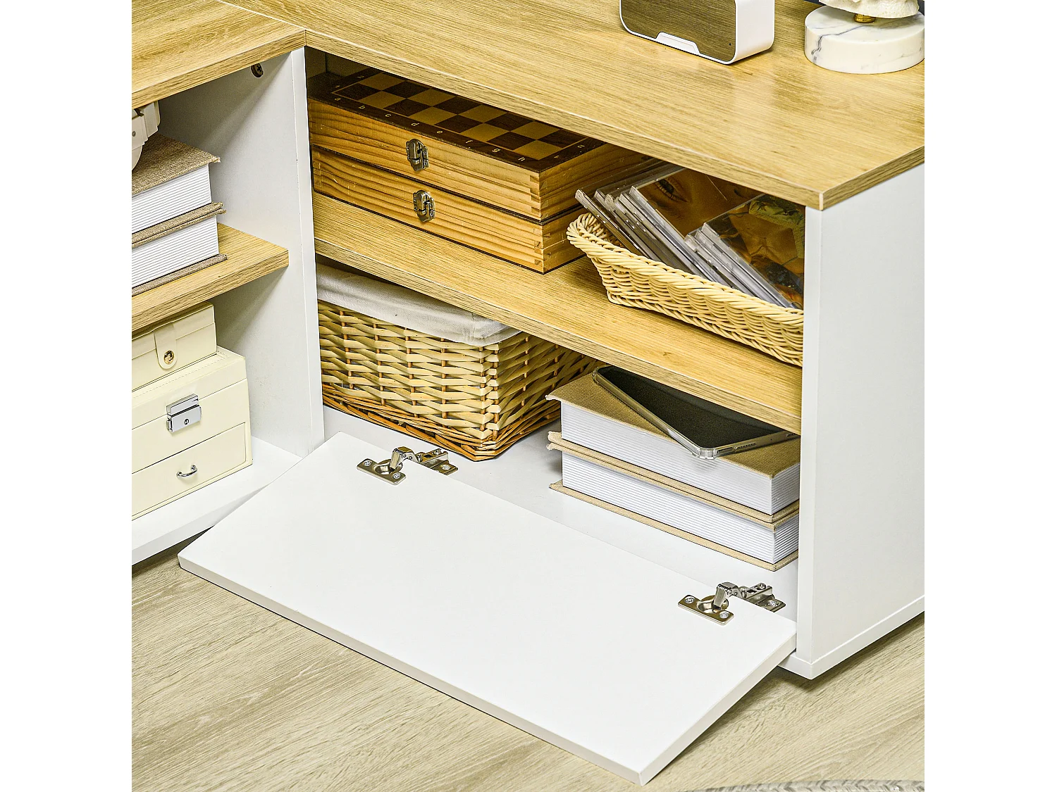 Mobile tv a l con 3 ripiani e 2 armadietti in truciolato