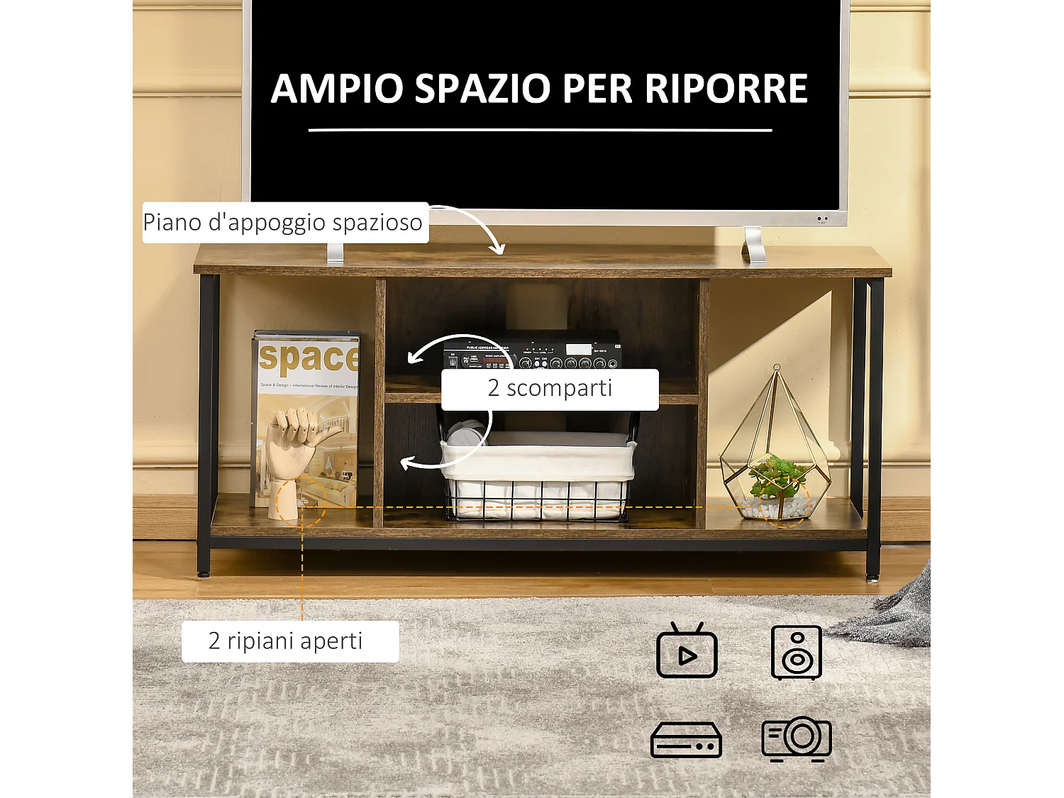 Mobile tv salotto stile industriale legno e acciaio 110x40x50cm