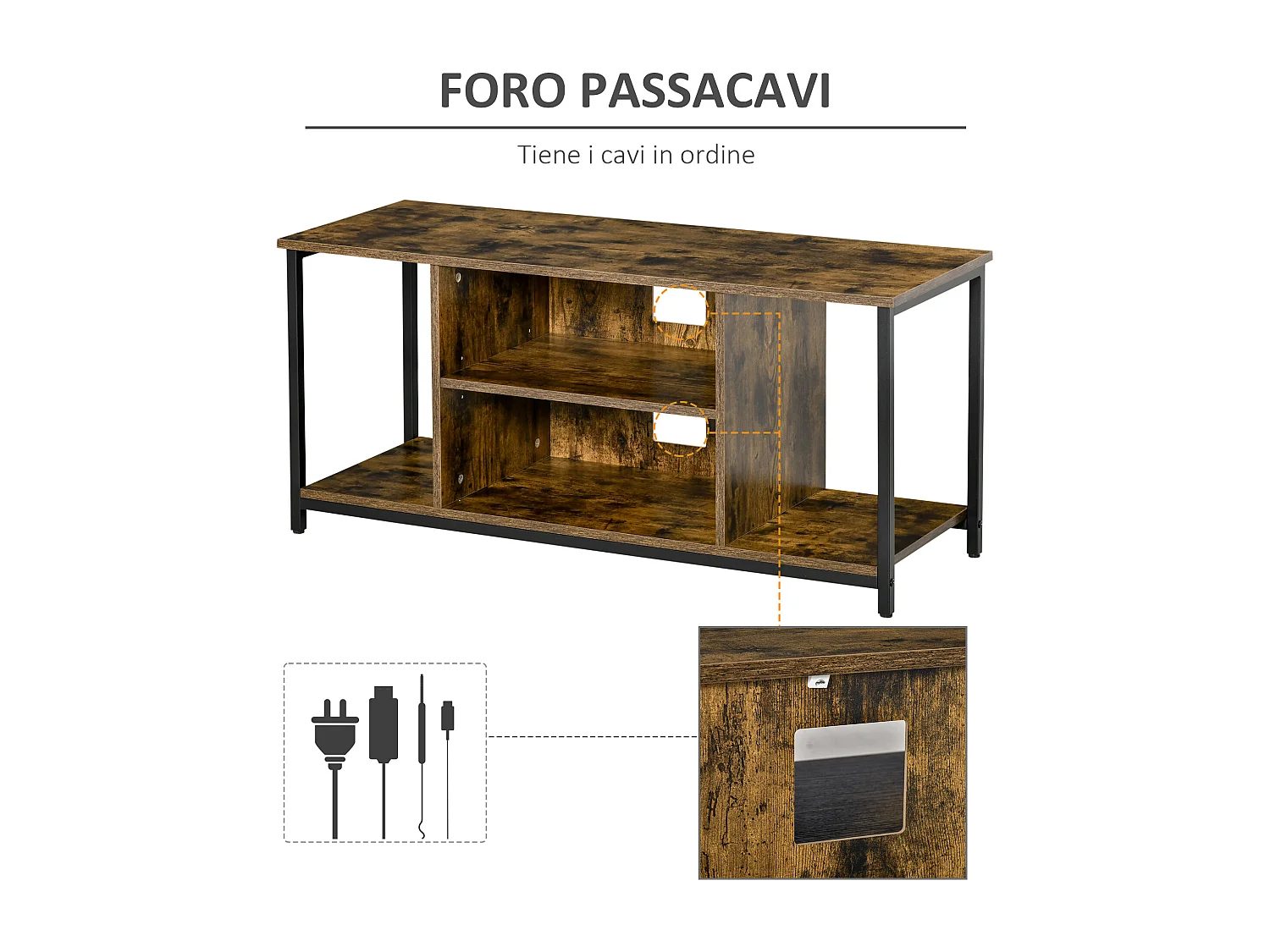 Mobile tv salotto stile industriale legno e acciaio 110x40x50cm