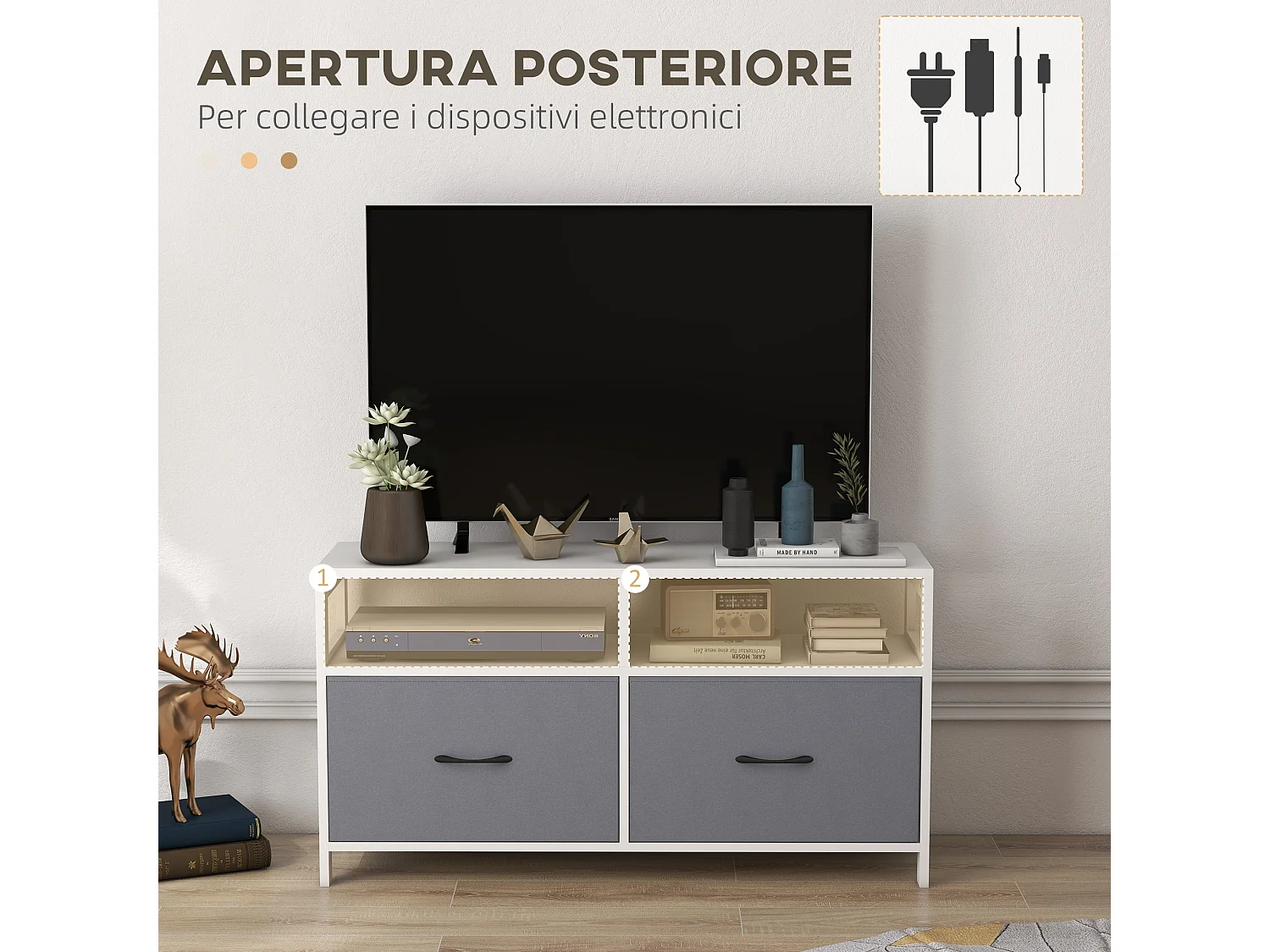 Mobile tv 45&nbsp; max con 2 cassetti e 2 ripiani bianco grigio