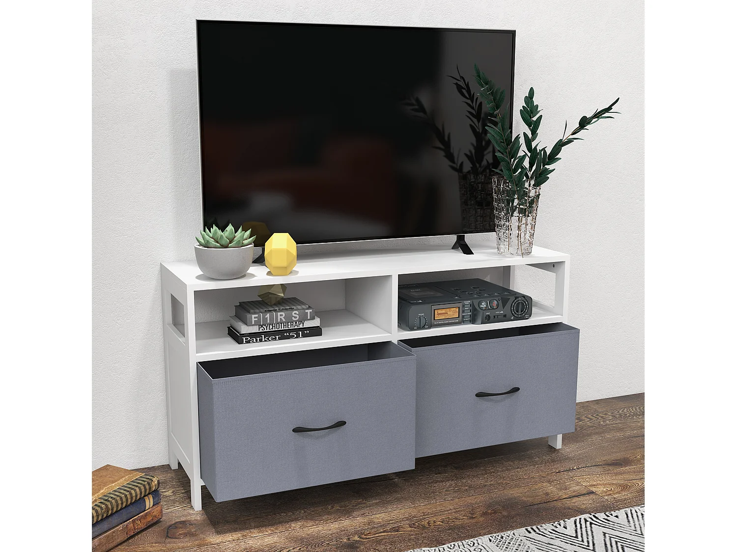 Mobile tv 45&nbsp; max con 2 cassetti e 2 ripiani bianco grigio