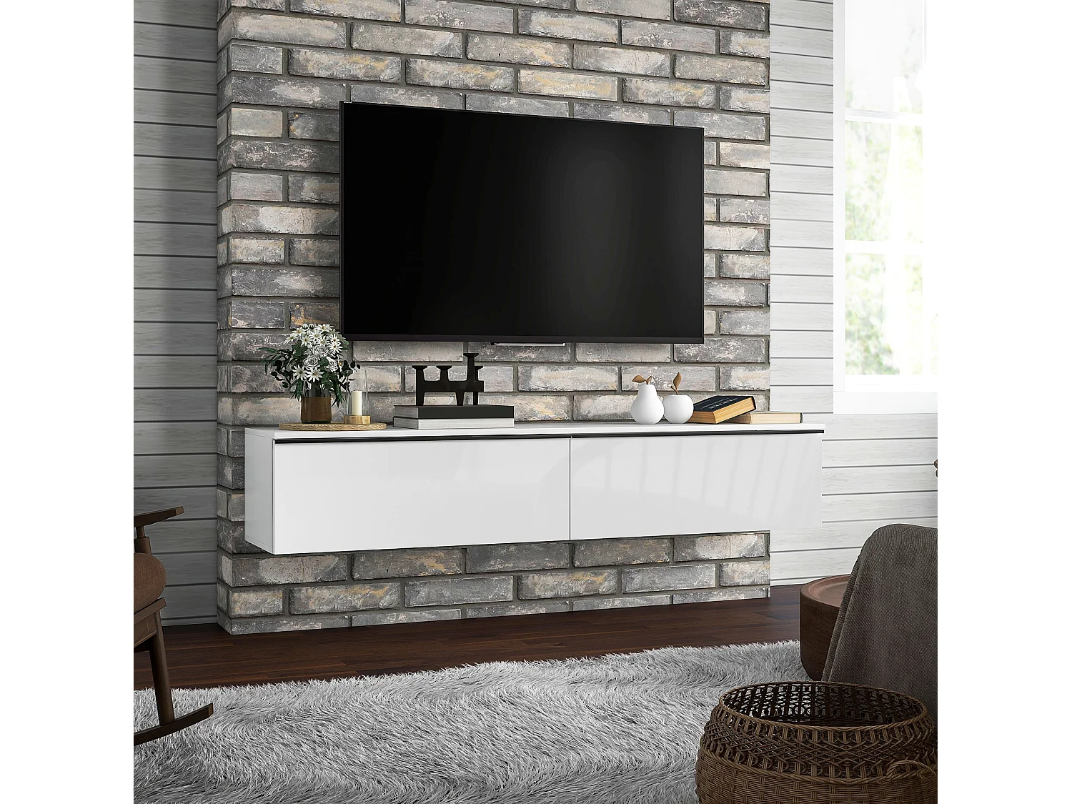 Mobile tv sospeso con armadietti ad anta a ribalta bianco lucido