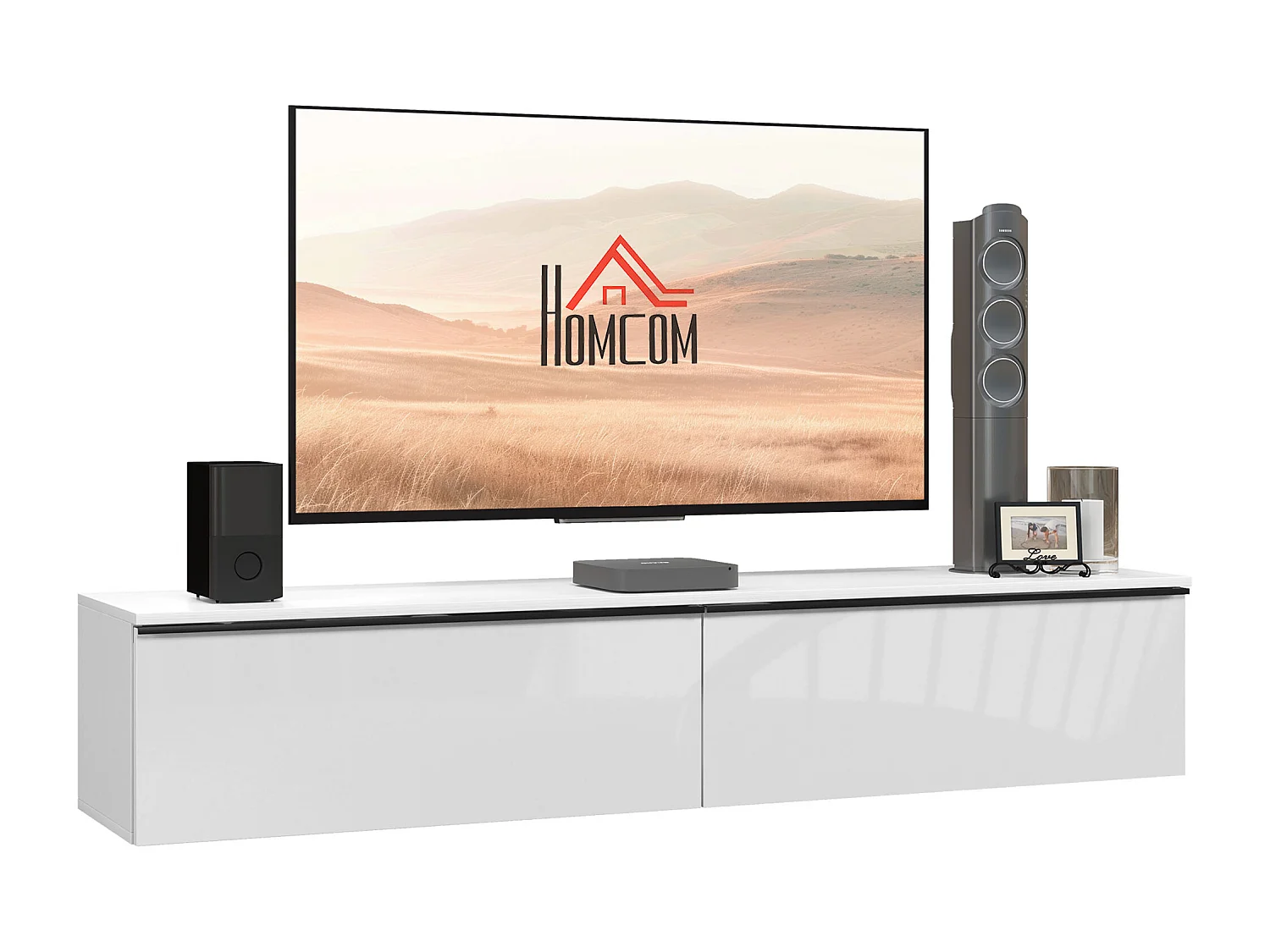 Mobile tv sospeso con armadietti ad anta a ribalta bianco lucido