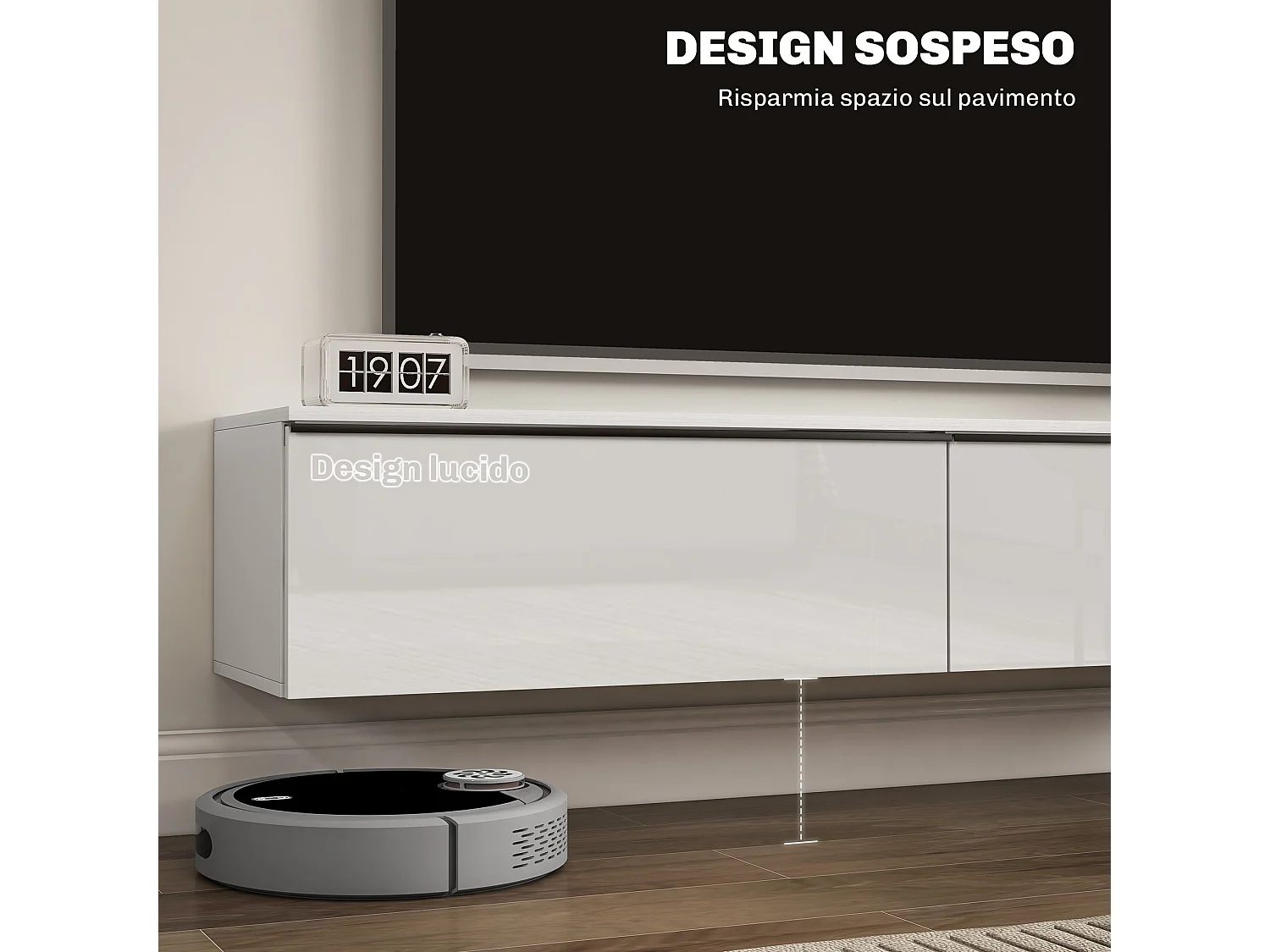 Mobile tv sospeso con armadietti ad anta a ribalta bianco lucido