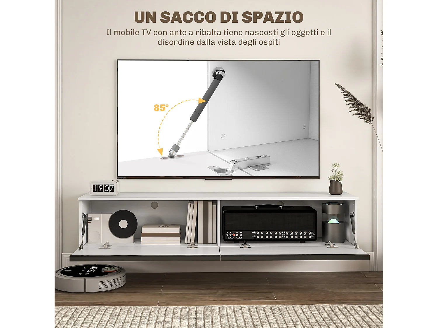 Mobile tv sospeso con armadietti ad anta a ribalta bianco lucido