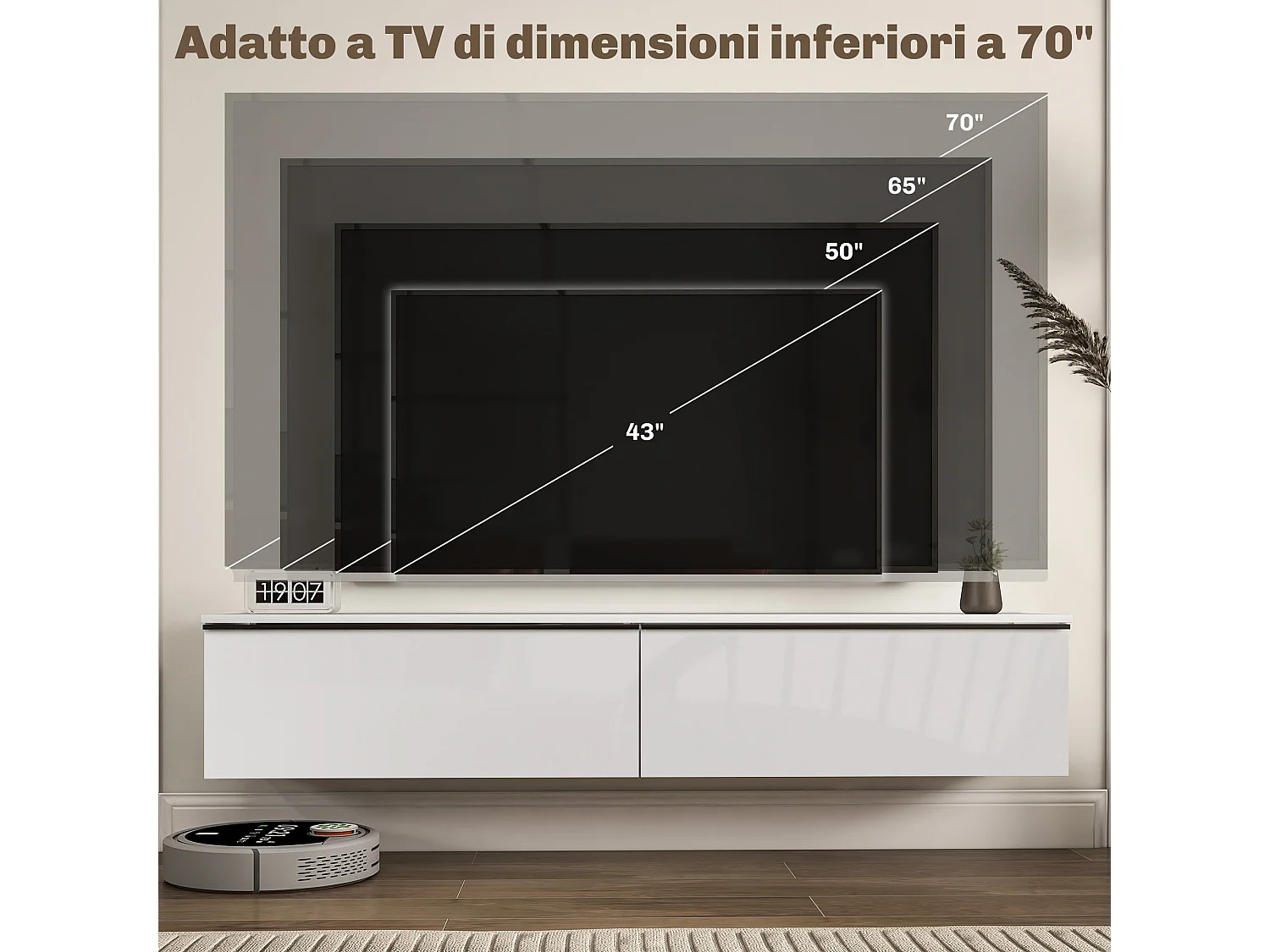 Mobile tv sospeso con armadietti ad anta a ribalta bianco lucido