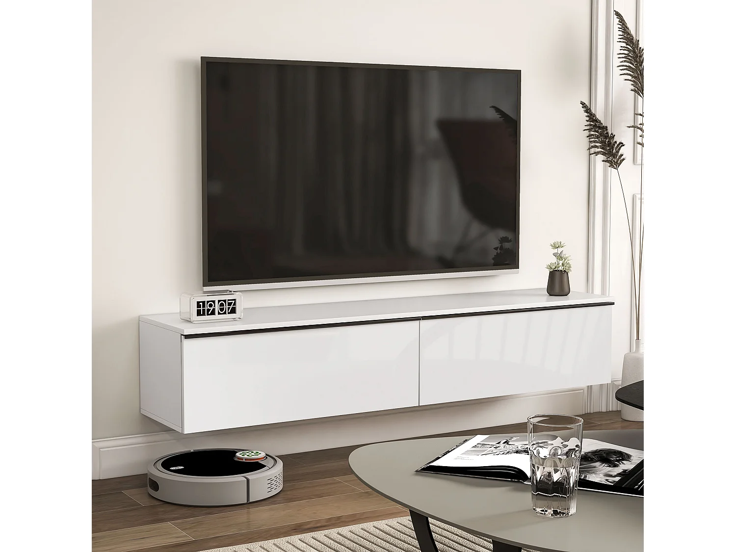 Mobile tv sospeso con armadietti ad anta a ribalta bianco lucido