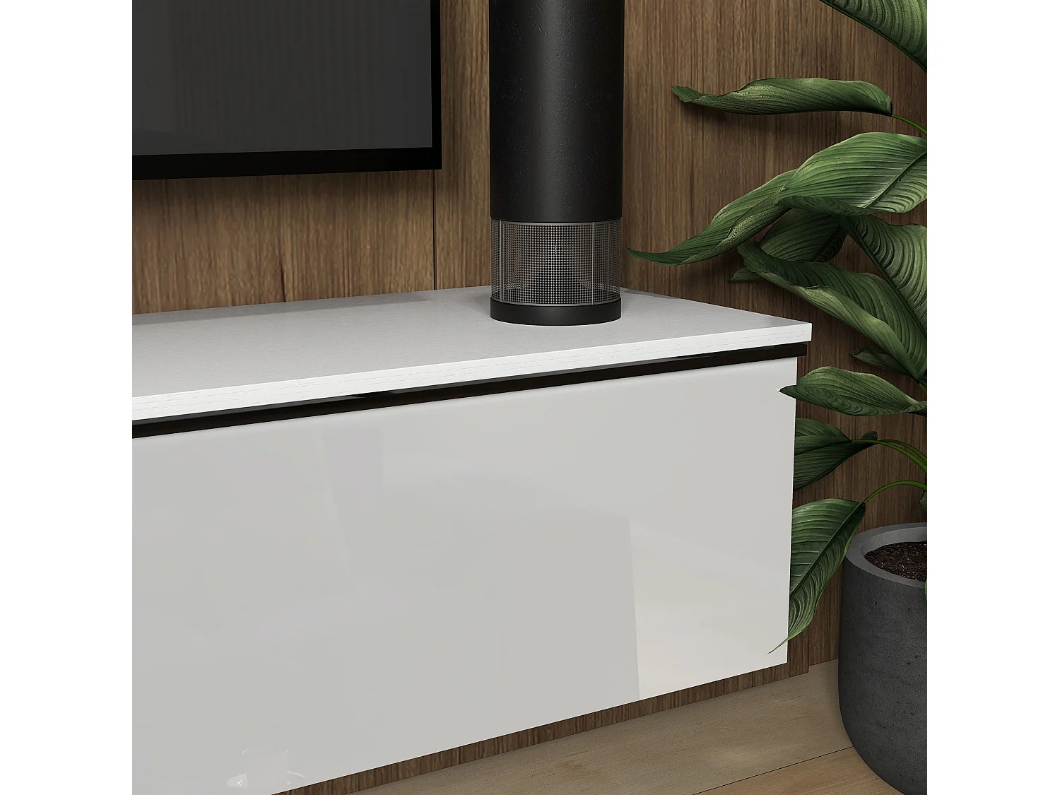 Mobile tv sospeso con armadietti ad anta a ribalta bianco lucido