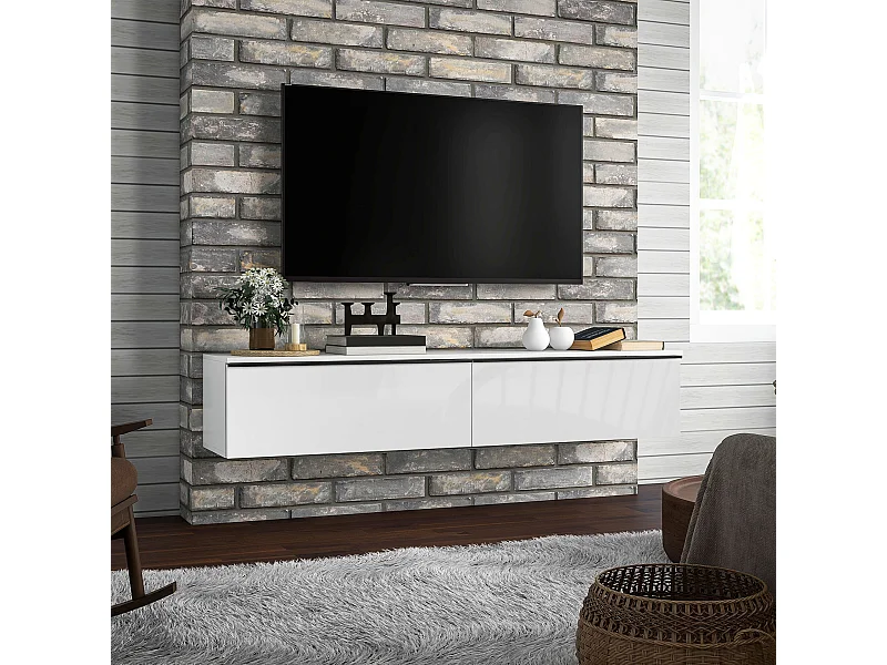 Mobile tv sospeso con armadietti ad anta a ribalta bianco lucido