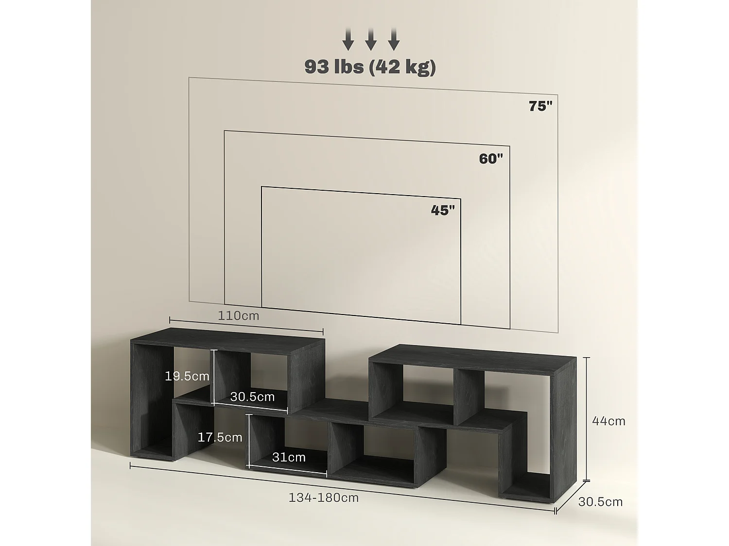 Mobile tv 75&nbsp; max modulabile a 6 ripiani totali in truciolato nero