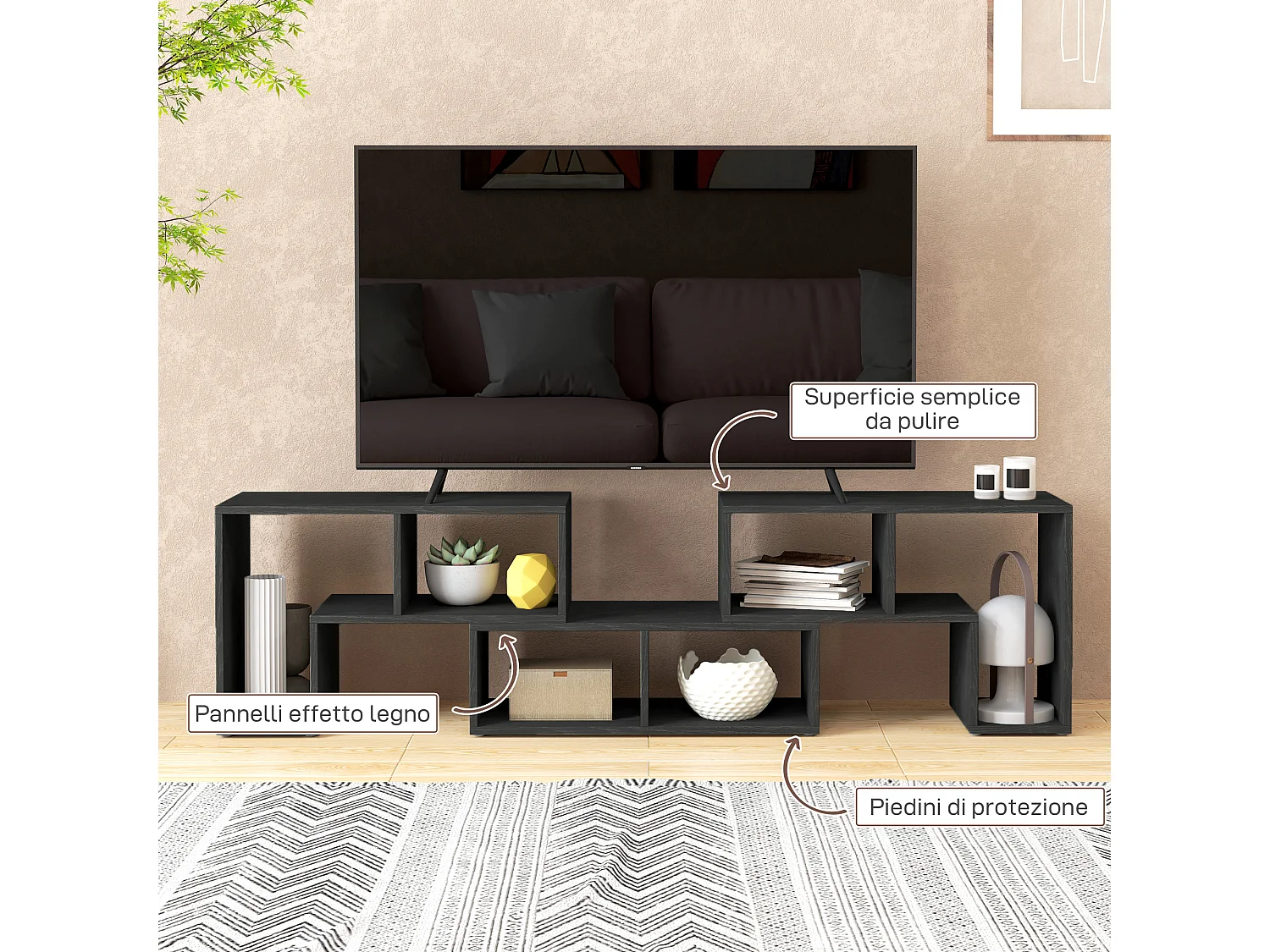 Mobile tv 75&nbsp; max modulabile a 6 ripiani totali in truciolato nero