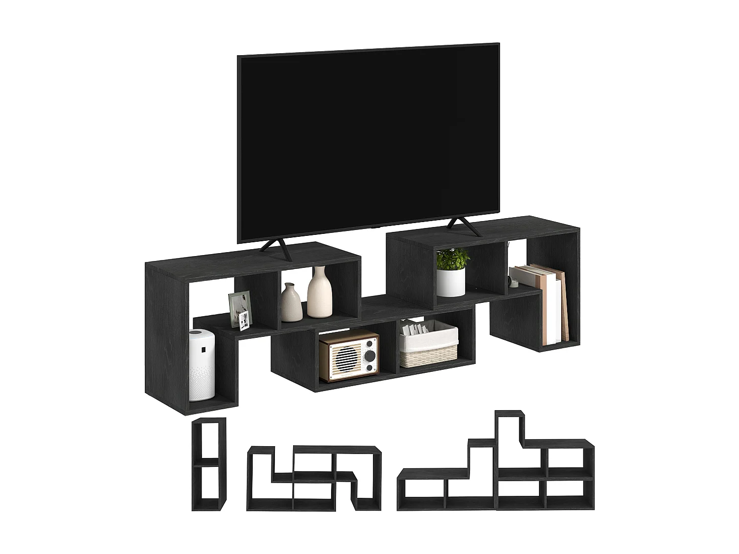 Mobile tv 75&nbsp; max modulabile a 6 ripiani totali in truciolato nero