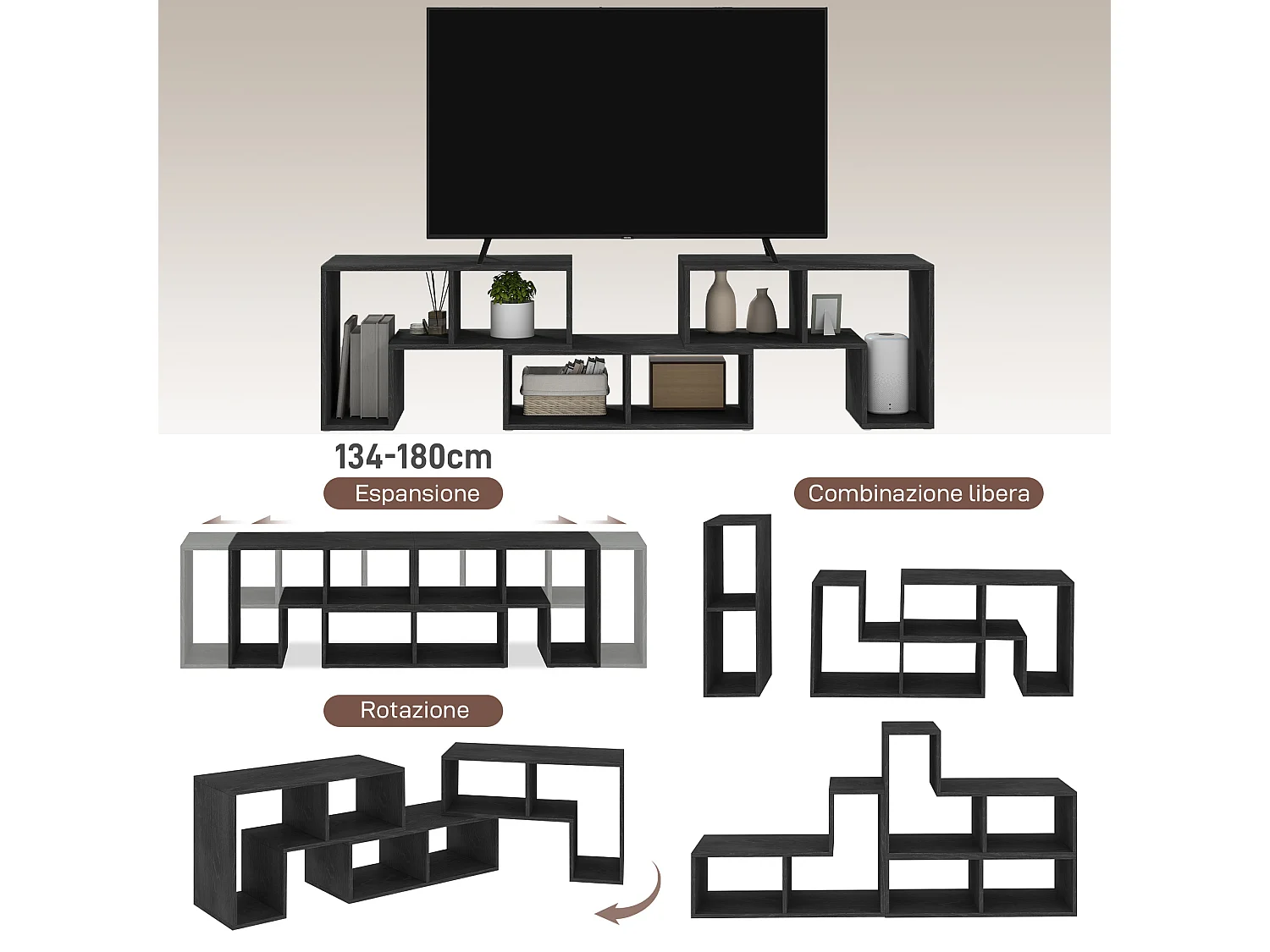 Mobile tv 75&nbsp; max modulabile a 6 ripiani totali in truciolato nero