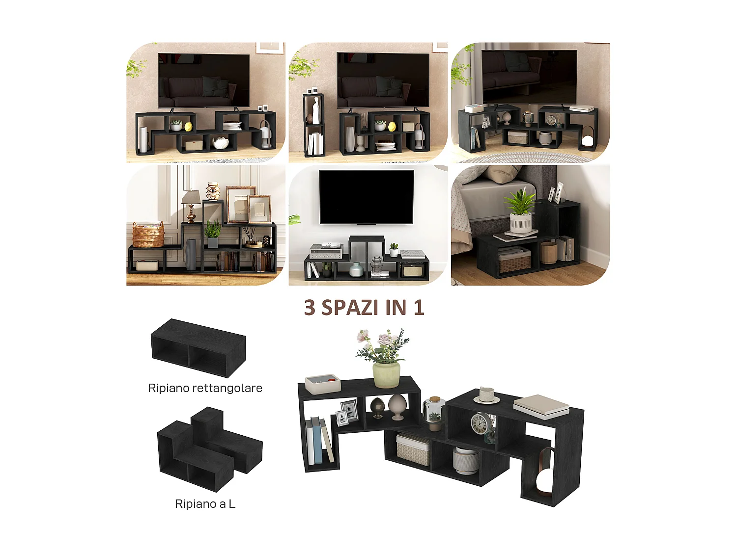 Mobile tv 75&nbsp; max modulabile a 6 ripiani totali in truciolato nero