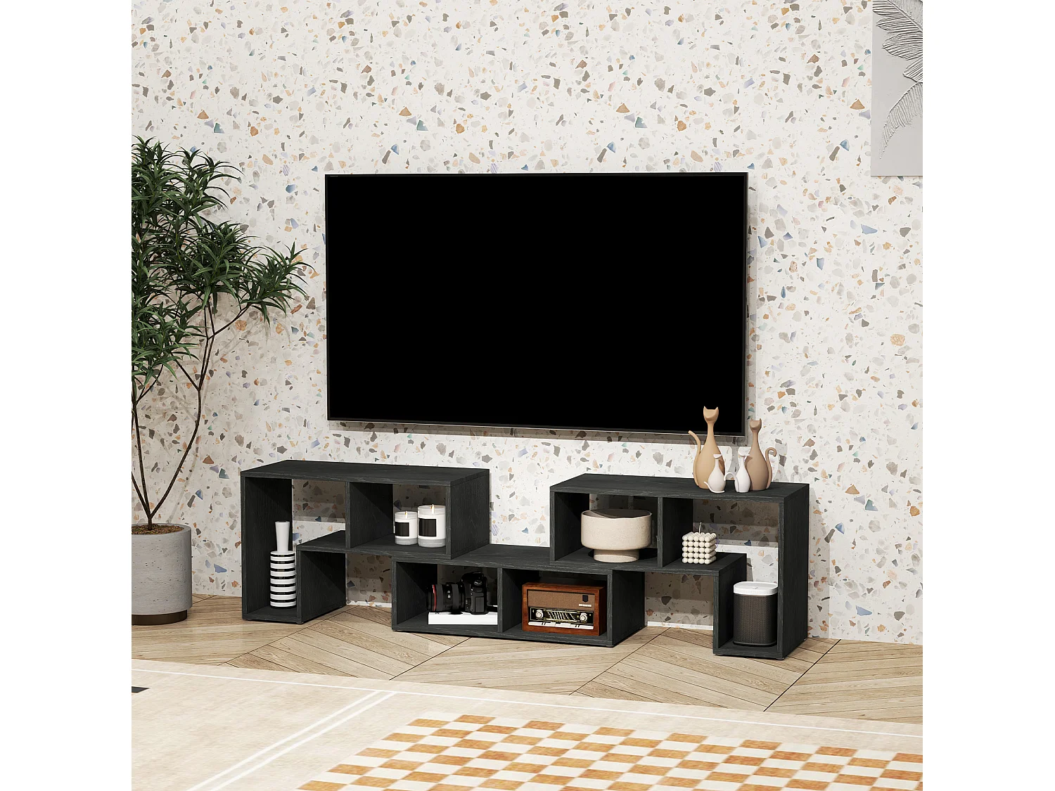 Mobile tv 75&nbsp; max modulabile a 6 ripiani totali in truciolato nero