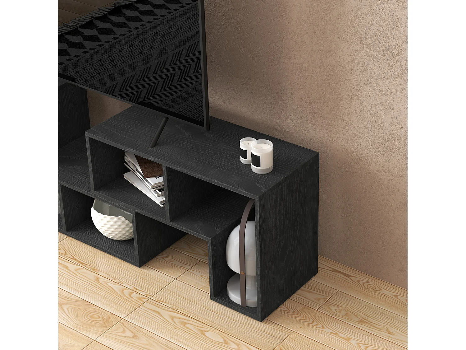 Mobile tv 75&nbsp; max modulabile a 6 ripiani totali in truciolato nero