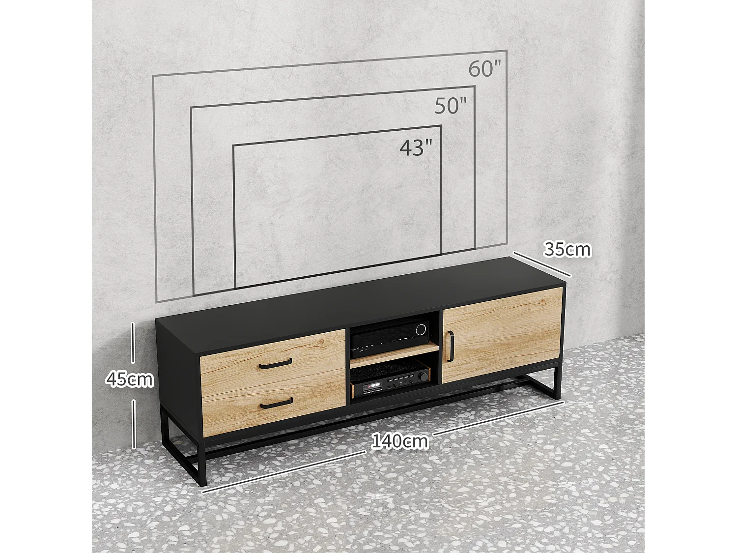 Mobile porta tv 60&nbsp; con armadietto 2 cassetti e ripiani colore legno