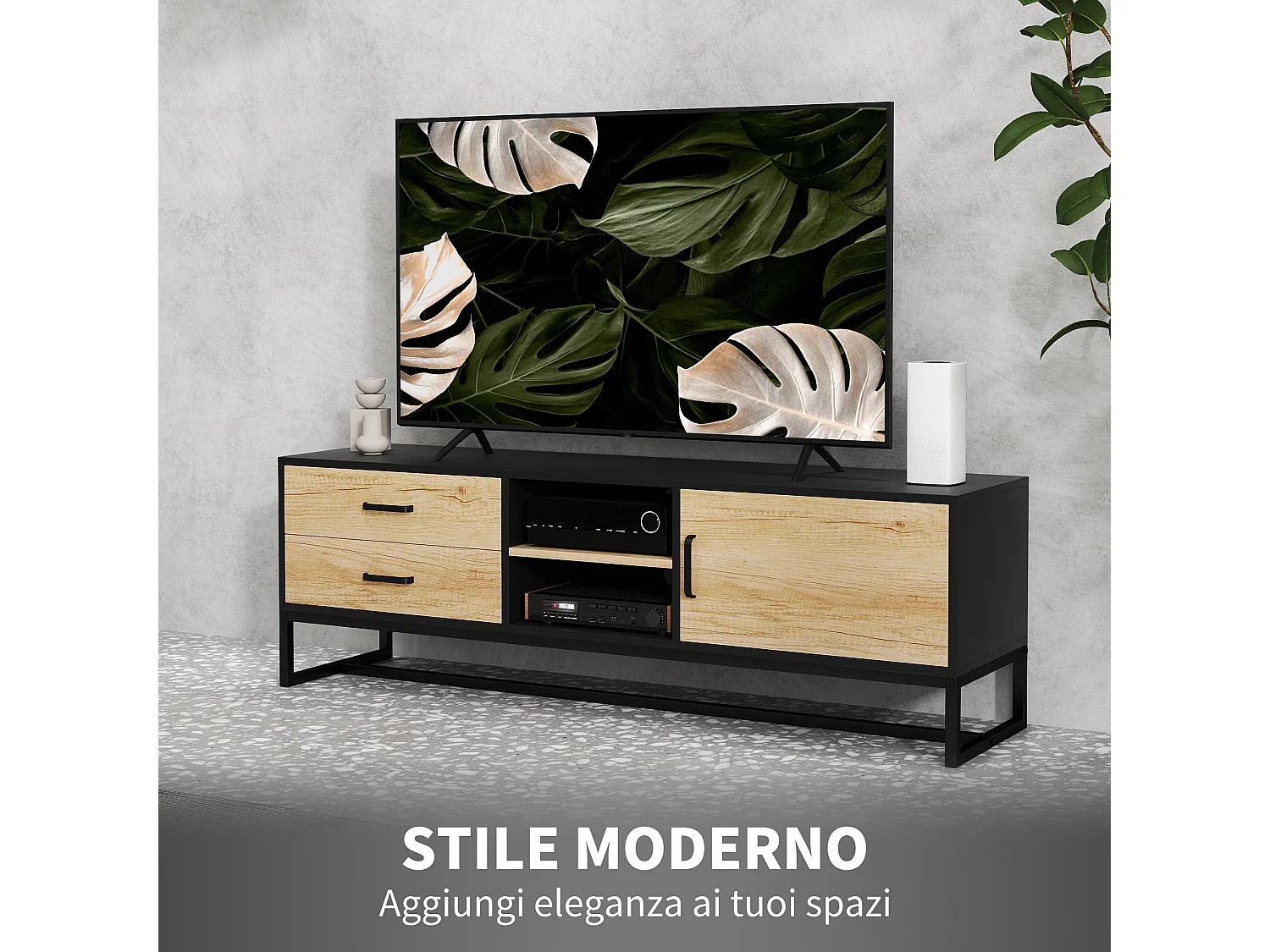 Mobile porta tv 60&nbsp; con armadietto 2 cassetti e ripiani colore legno