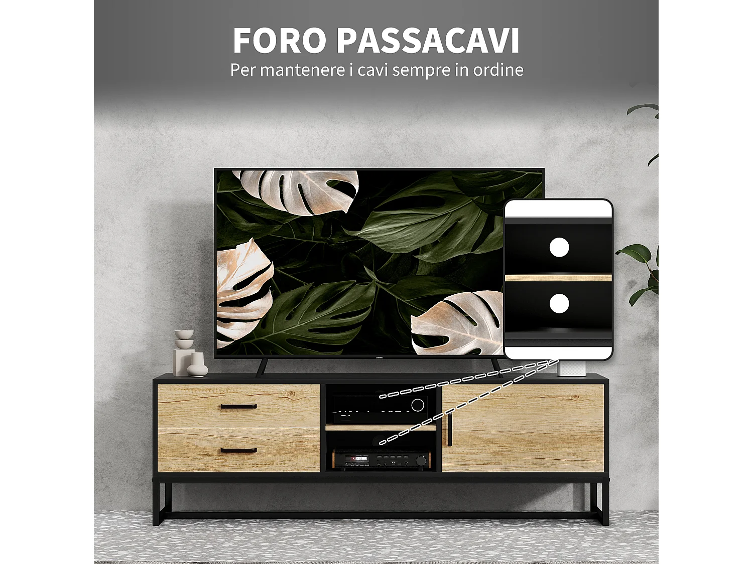 Mobile porta tv 60&nbsp; con armadietto 2 cassetti e ripiani colore legno
