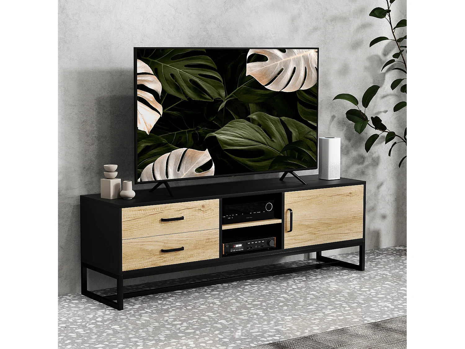 Mobile porta tv 60&nbsp; con armadietto 2 cassetti e ripiani colore legno
