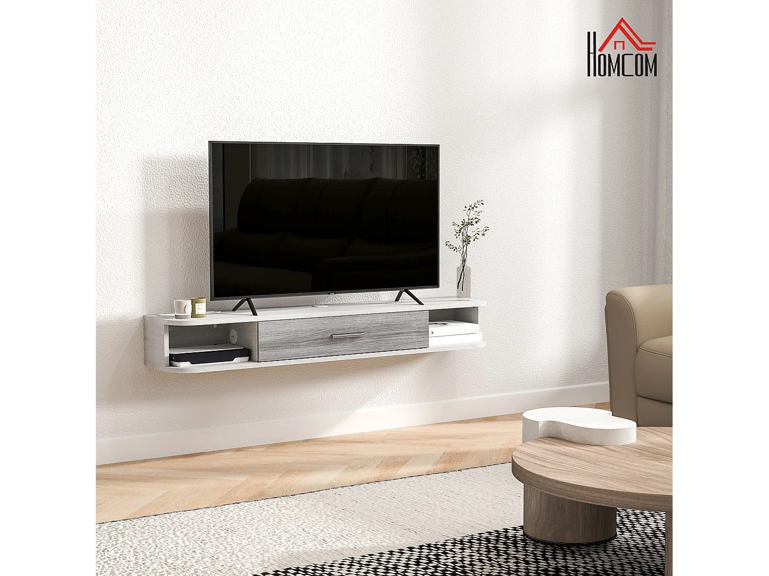 Mobile TV con 2 ripiani aperti e armadietto in legno bianco e grigio