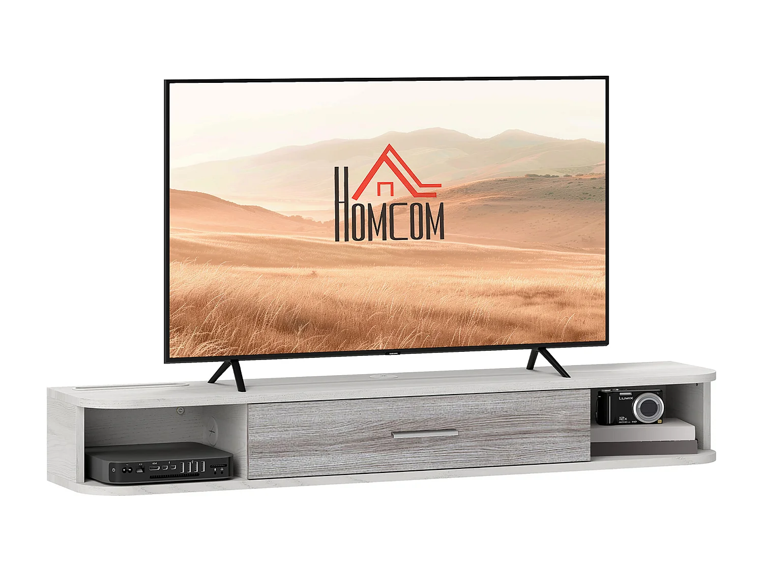 Mobile TV con 2 ripiani aperti e armadietto in legno bianco e grigio