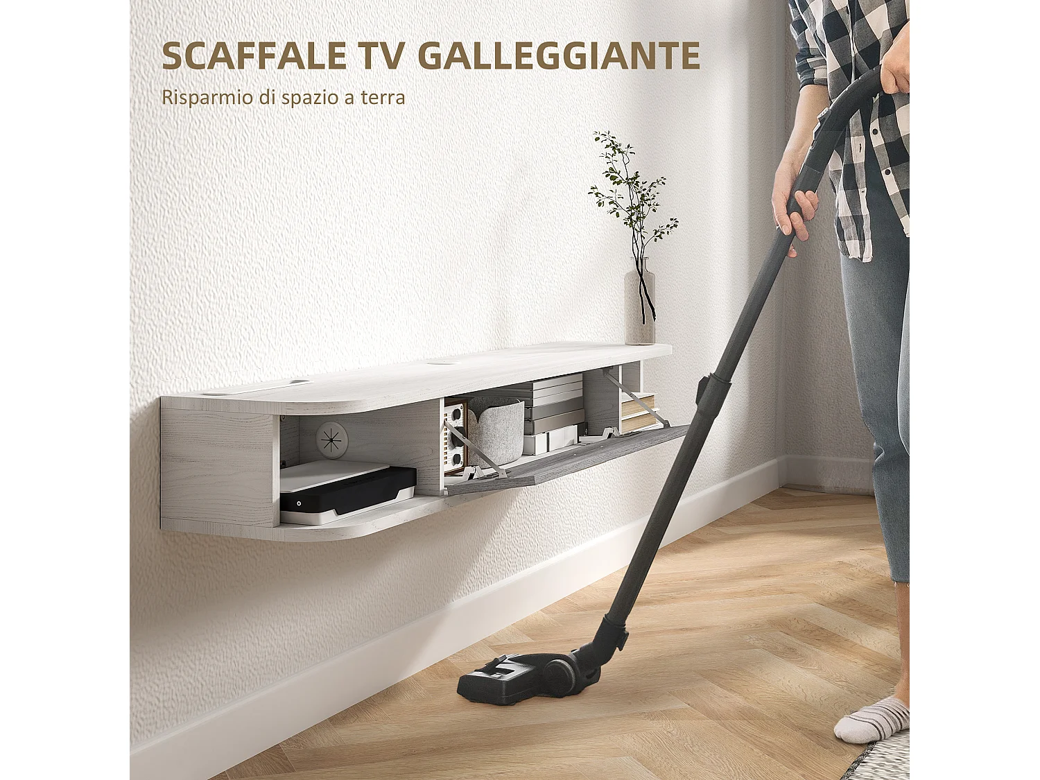 Mobile TV con 2 ripiani aperti e armadietto in legno bianco e grigio