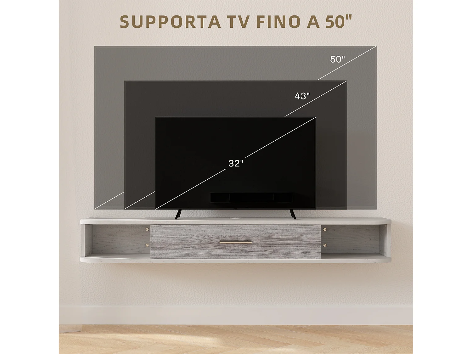 Mobile TV con 2 ripiani aperti e armadietto in legno bianco e grigio