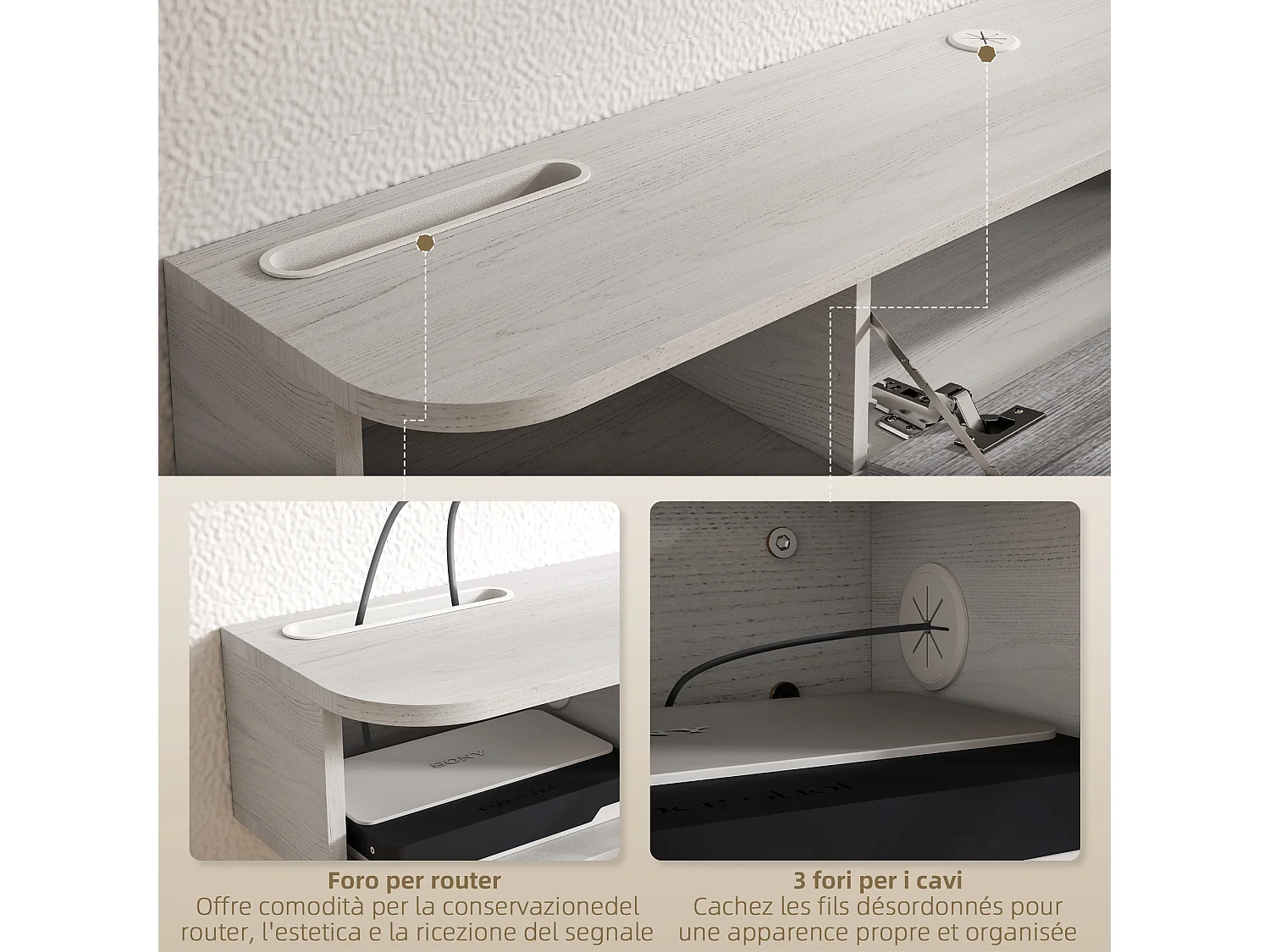 Mobile TV con 2 ripiani aperti e armadietto in legno bianco e grigio