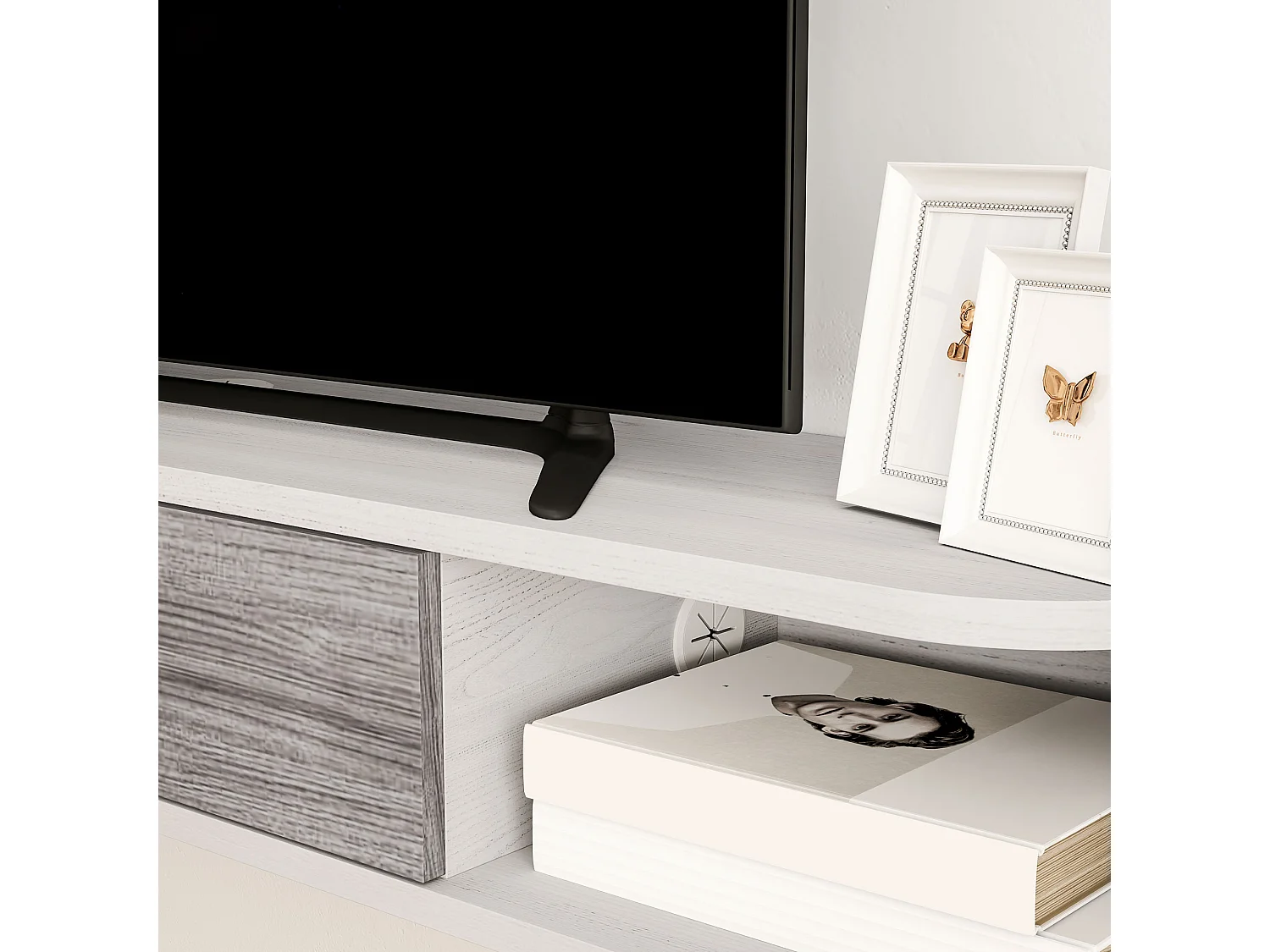 Mobile TV con 2 ripiani aperti e armadietto in legno bianco e grigio