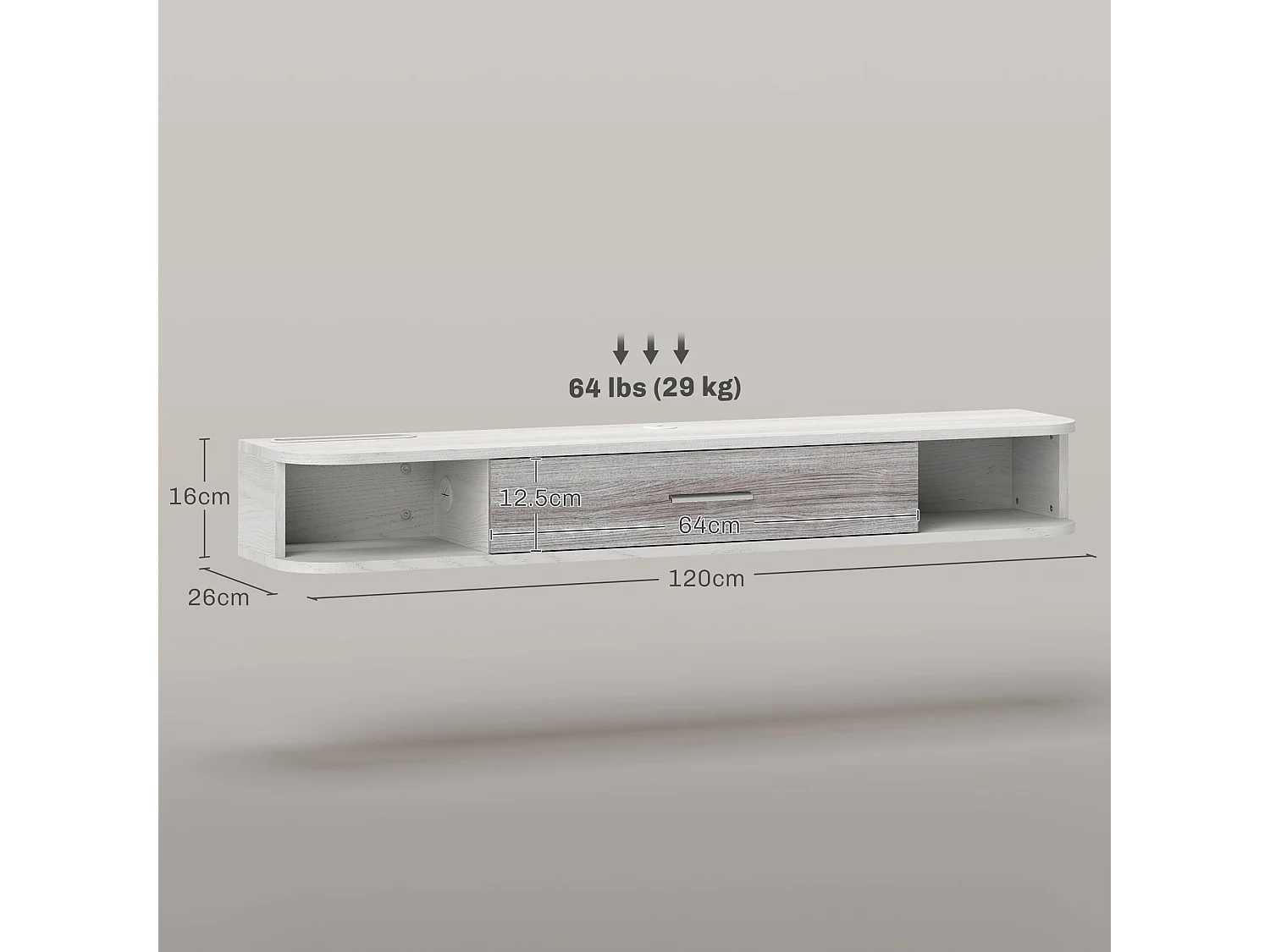 Mobile TV con 2 ripiani aperti e armadietto in legno bianco e grigio