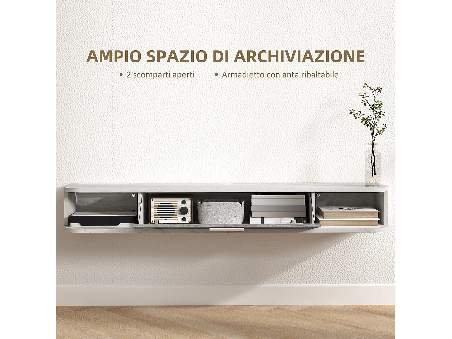 Mobile TV con 2 ripiani aperti e armadietto in legno bianco e grigio