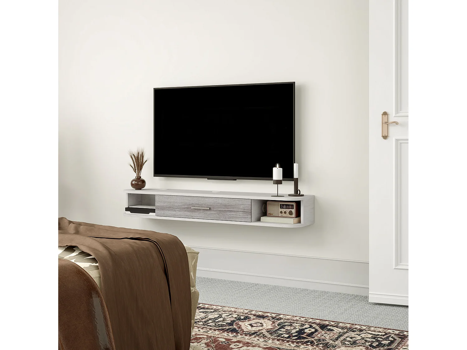 Mobile TV con 2 ripiani aperti e armadietto in legno bianco e grigio