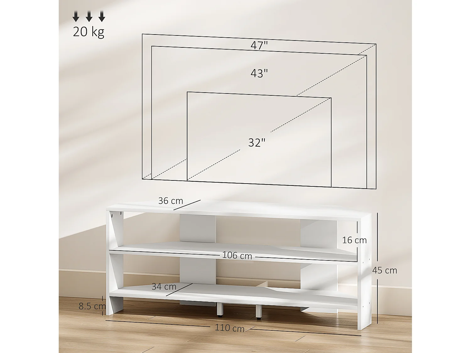 Mobile tv ad angolo 47" max con 2 ripiani aperti in legno bianco