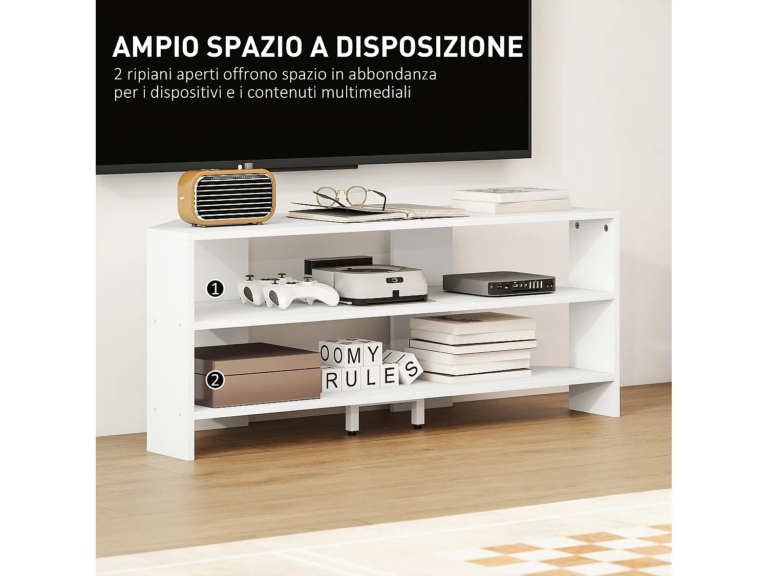Mobile tv ad angolo 47" max con 2 ripiani aperti in legno bianco