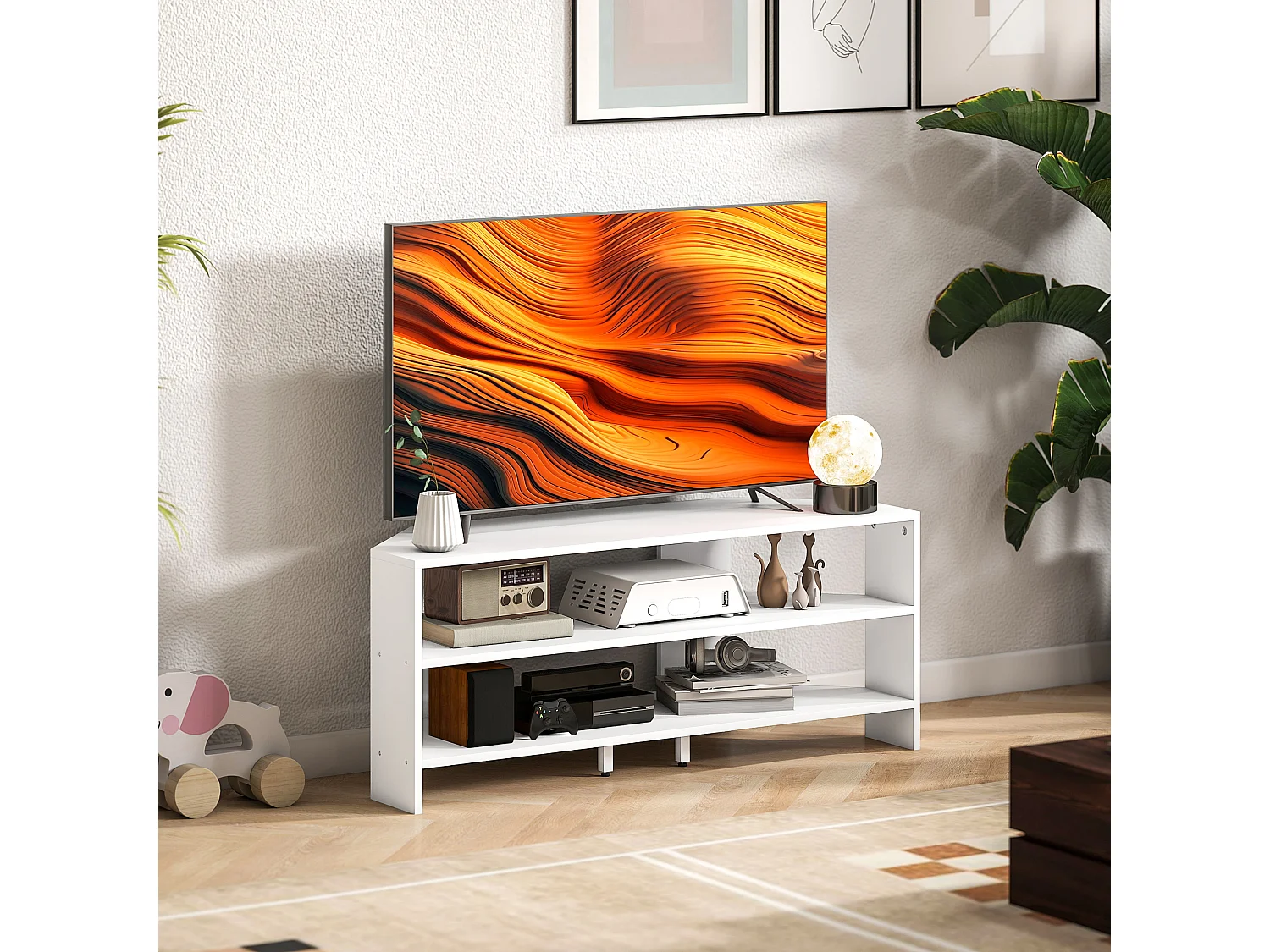 Mobile tv ad angolo 47" max con 2 ripiani aperti in legno bianco