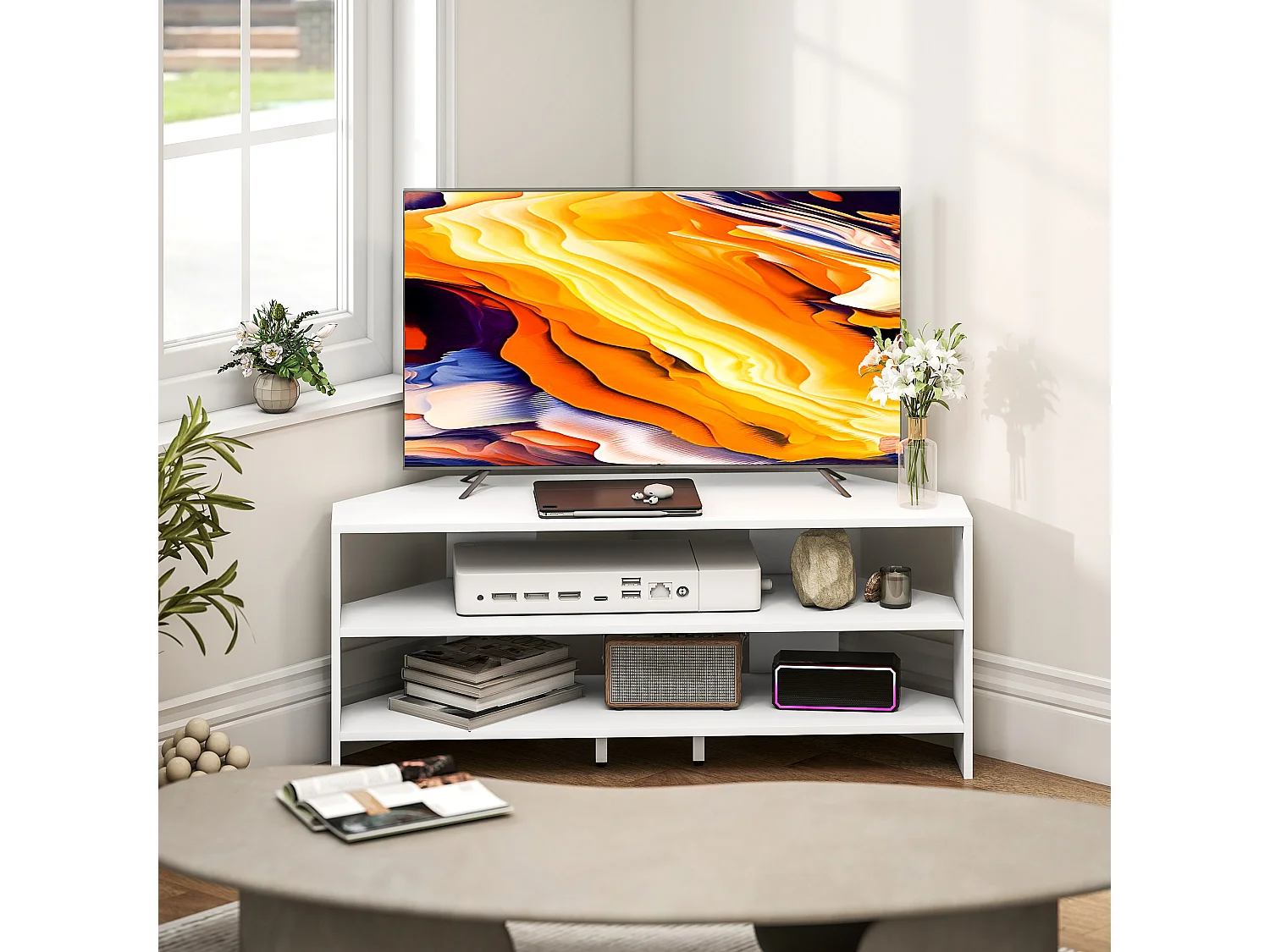 Mobile tv ad angolo 47" max con 2 ripiani aperti in legno bianco