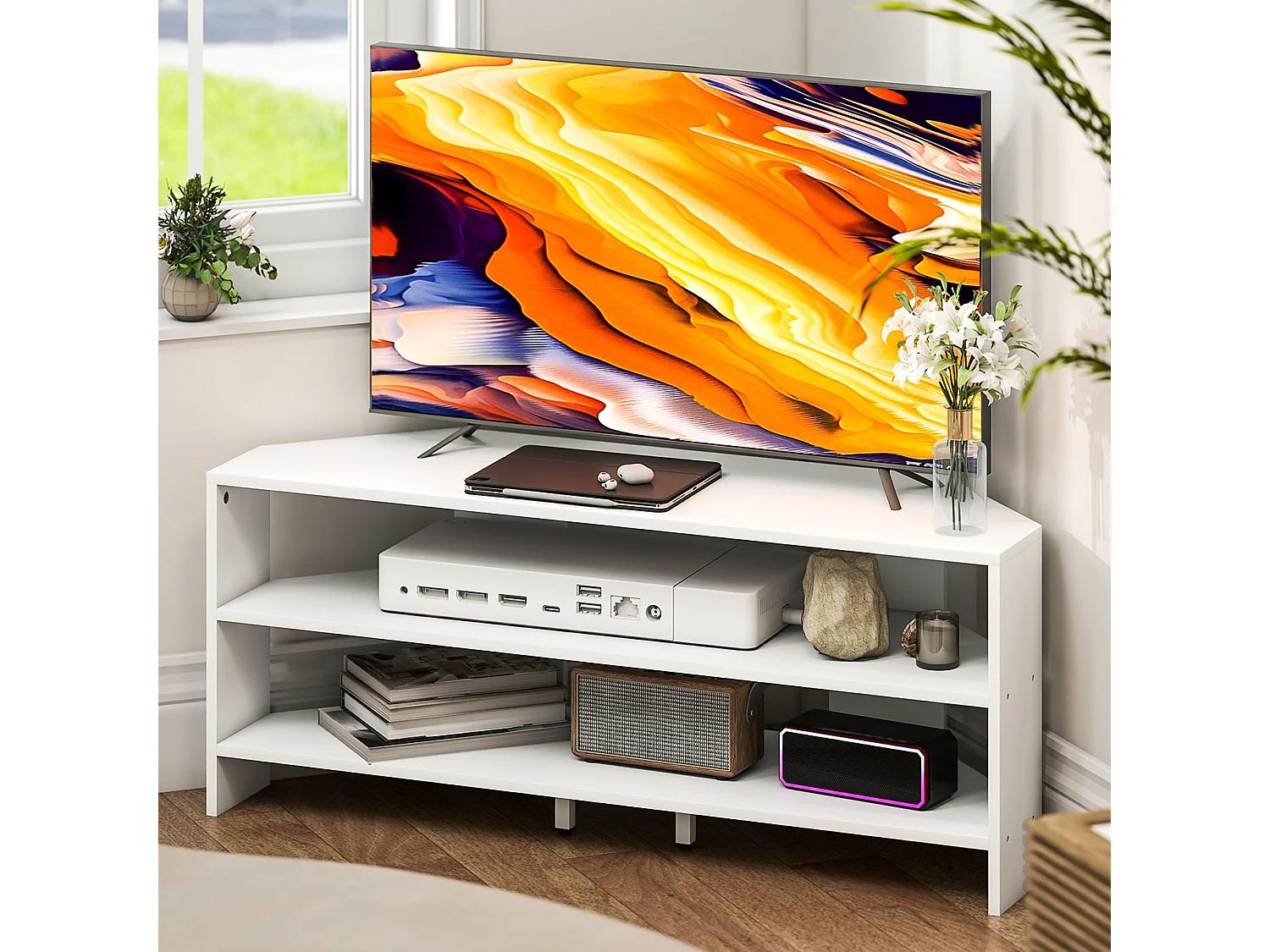 Mobile tv ad angolo 47" max con 2 ripiani aperti in legno bianco