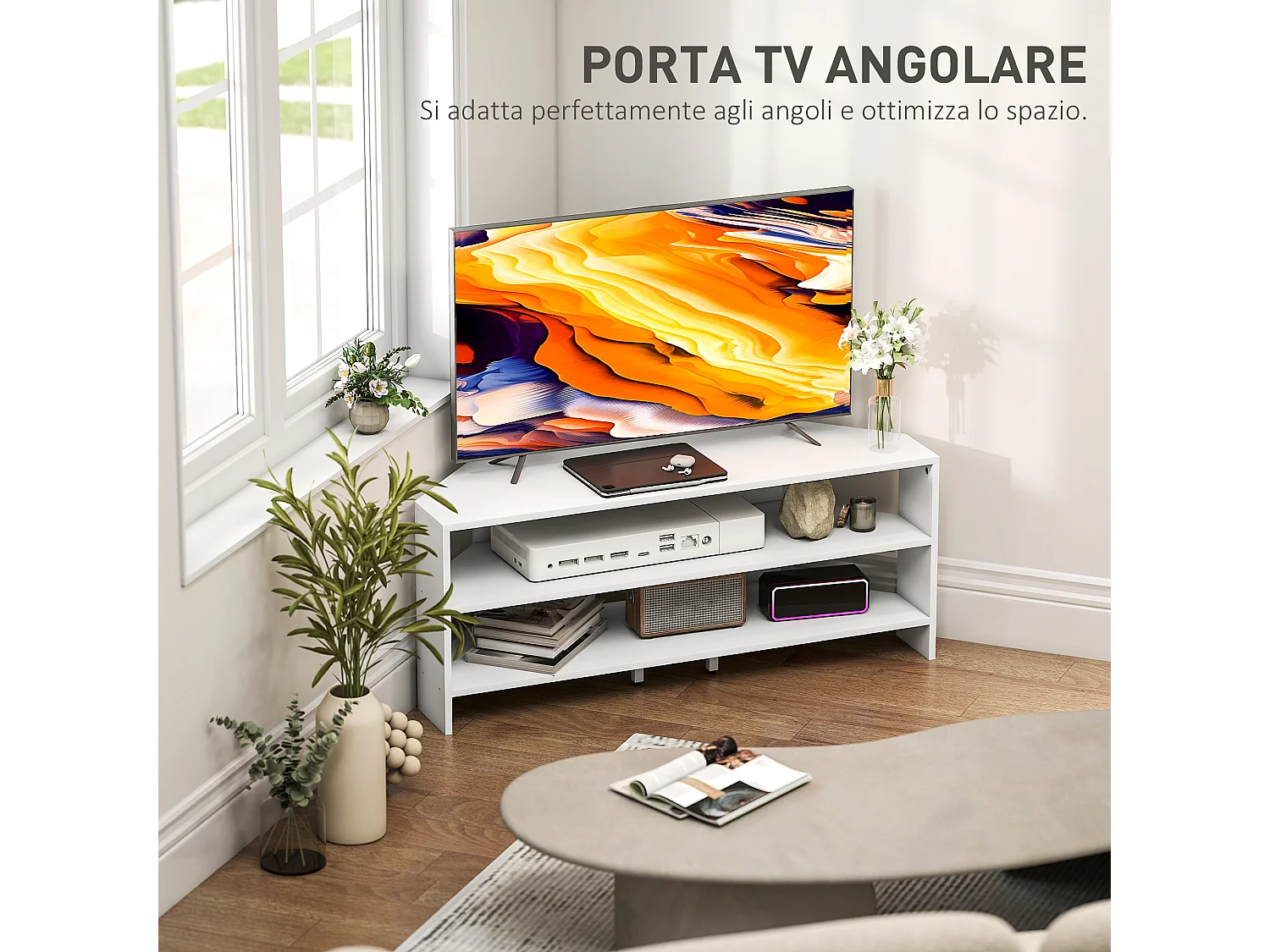Mobile tv ad angolo 47" max con 2 ripiani aperti in legno bianco