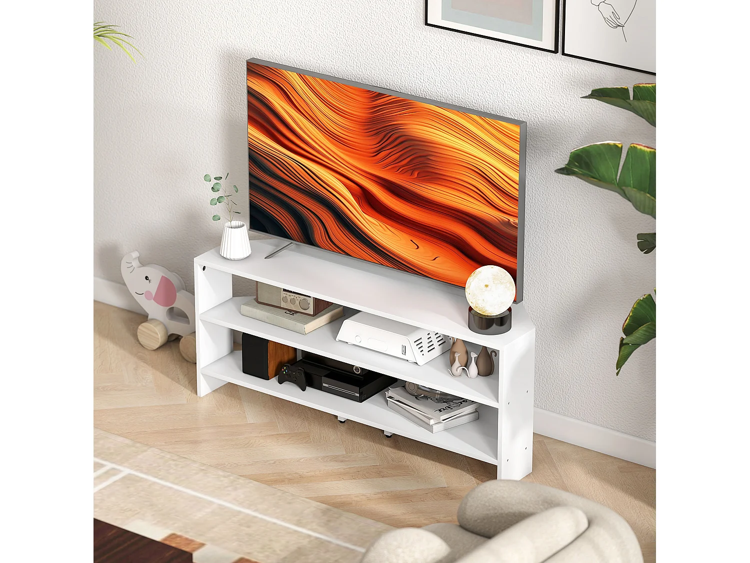 Mobile tv ad angolo 47" max con 2 ripiani aperti in legno bianco