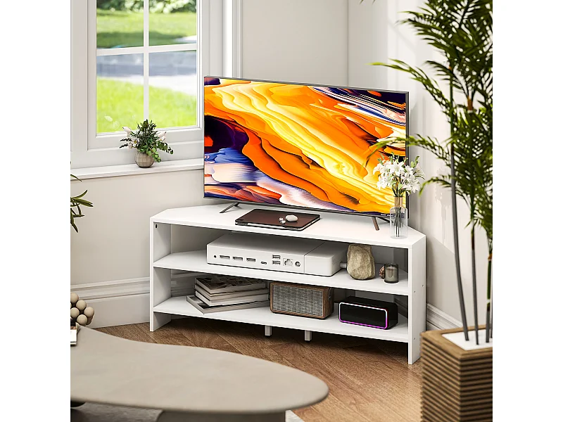 Mobile tv ad angolo 47" max con 2 ripiani aperti in legno bianco