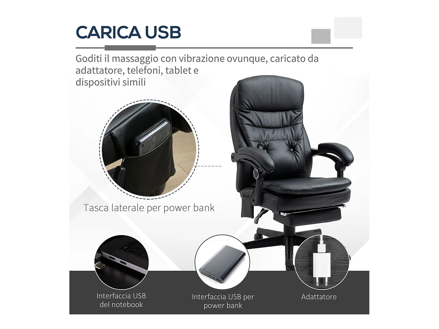 Sedia da ufficio massaggiante similpelle con presa usb nero
