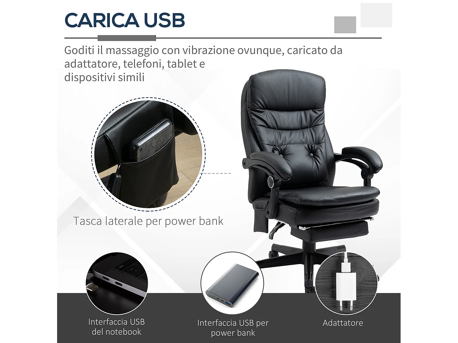 Sedia da ufficio massaggiante similpelle con presa usb nero